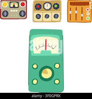 Collection of vintage style interface elements depicting analog gauges, dials, sliders, and buttons, illustrating concepts of measurement, adjustment, Stock Vector
