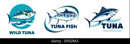 Tuna fish icons for seafood package badges with yellowfin or bluefin tuna jumping on water waves. Tuna icons for fishery market or seafood store and sea food product package, sushi bar cuisine Stock Vector