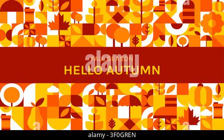 Autumn season poster with Autumnal geometric Bauhaus pattern. Fall season textile Bauhaus background, Thanksgiving backdrop. Autumn seamless pattern with yellow and orange leaves, fruits, vegetables Stock Vector