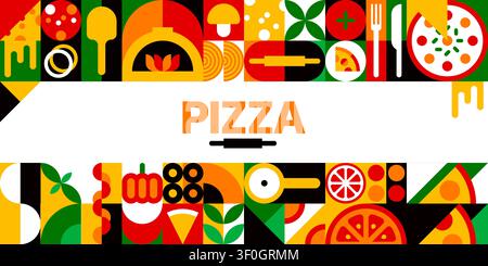 Italian pizza poster with geometric fast food pattern. Mosaic pattern featuring pizza slices, mushrooms, tomatoes, olives and rolling pin. Vibrant red, yellow, green poster for pizzeria branding Stock Vector