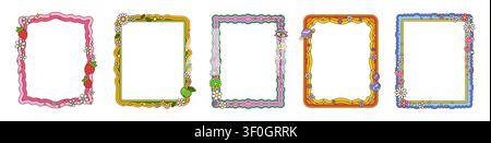 Retro groovy hippie wavy frames, psychedelic y2k borders with wavy scalloped edges. Cute decorative square templates with flowers, strawberries, hearts, planets, stars, peace symbol, and playful decor Stock Vector