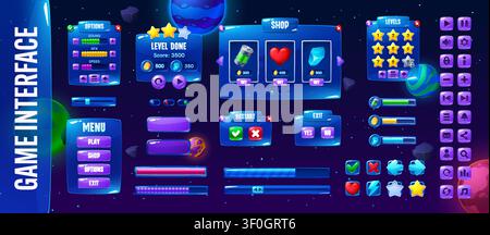 Space video game ui interface with galaxy inventory menu buttons, universe indicators and rewards, level window, loading scale. Cartoon gui elements kit, user dashboard with main menu and options Stock Vector