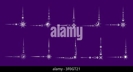 Celestial corner borders set with decorative elements featuring stars, moon, sun and arrows. Ornament frame corners for invitation cards, posters, mystical theme and decoration Stock Vector
