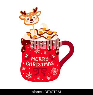 Christmas hot chocolate mug with white snowflakes. Vibrant eggnog cup filled with cocoa, whipped cream, chocolate syrup and gingerbread reindeer cookie. Cartoon winter beverage icon for greeting cards Stock Vector