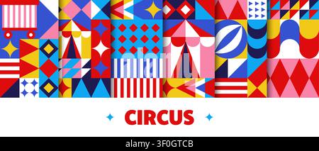 Circus entertainment geometric seamless patterns set featuring abstract circus tents, stripes, and stars. Vibrant pattern bundle with red, blue and yellow shapes for nursery decor or party invitations Stock Vector