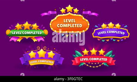 Game interface level complete icons, level up or win UI buttons. Cartoon game complete, winner achievement and victory badges set with gold stars and ribbon banners, festive flags and retro marquee Stock Vector