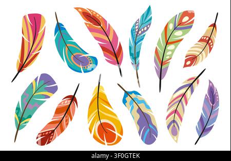 Feather of Native American and indigenous ethnic Boho or Bohemian, tribal bird quill accessory. Cartoon Boho feathers with Indian ornament pattern decoration or plumage with hippie bright colors Stock Vector