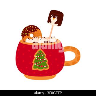 Cartoon Christmas hot chocolate mug icon. Red festive cup with Christmas tree emblem. Cozy winter cocoa with mini marshmallows, glazed donut and cute chocolate penguin marshmallow on stick for cafe Stock Vector