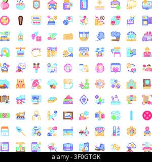 Large set of diverse flat line color icons representing concepts related to business, finance, health, medical, technology, food, and lifestyle, perfe Stock Vector