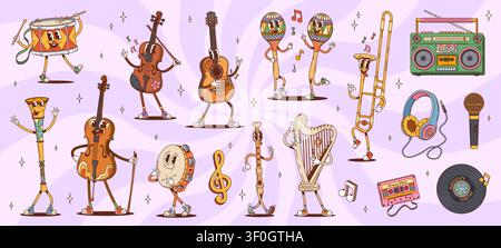 Cartoon groovy sound and music instrument characters of retro hippie guitar, drum, tambourine and maracas. Vector vintage vinyl record, cassette, headphones and microphone, harp, flute and trombone Stock Vector
