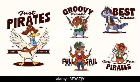 Cartoon groovy animal pirate corsair y2k stickers. Patches with ship crew and captain characters duck, raccoon, porcupine, mouse and dog sea swashbuckler personages exude joy, fun, retro hippie vibes Stock Vector
