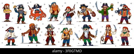 Cartoon pirate characters from old captain, gunner, tough fighters, Turkish corsair and octopus with sabre. Vector set of groovy ship crew and playful treasure hunters with weapons and accessories Stock Vector