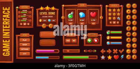 Wooden game ui interface buttons and level window, Wild West indicators and rewards, western saloon loading scale and menu frame. Wood screen menu gui kit for rustic or ranch mobile games or apps Stock Vector