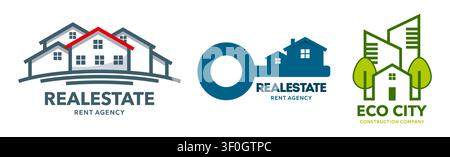 Eco residence apartment, real estate agency, building construction icons. House construction corporate emblems for property rental, sustainable development, homeownership, urban residential projects Stock Vector