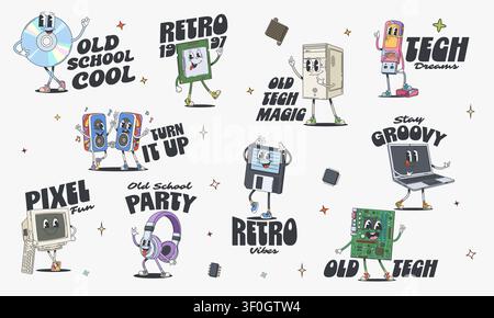Funky y2k groovy hippie computer and device characters stickers. Old school cool, retro 1997, old tech magic or tech dreams. Turn it up, stay groovy, pixel fun, old school party, retro vibes, old tech Stock Vector