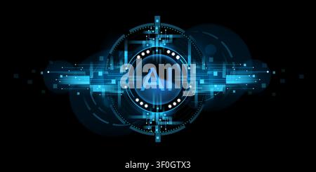 Futuristic ai technology background with neon blue hud tech frame, glowing circuit pattern on black. Vector abstract illustration of electronic board data network lines, cyberpunk interface design Stock Vector