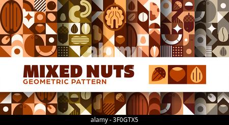 Nuts and beans seamless patterns set with geometric ornament. Mixed nut healthy snack tile backgrounds with walnut, almond, cashew and peanut, hazelnut and acorn motifs in warm brown and beige tones Stock Vector