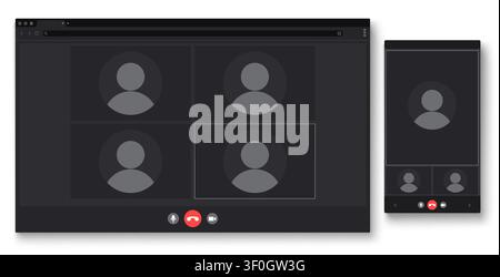 Video call interface mockup with conference screen layout, realistic vector background. Professional online meeting, laptop and mobile phone templates with chat windows and user profiles Stock Vector