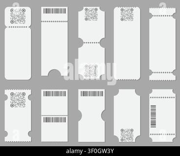 3d realistic movie ticket mockups with perforated edge, qr or barcode, white blank vector coupon frames for cinema admission, theater events, or festival voucher designs isolated on background Stock Vector