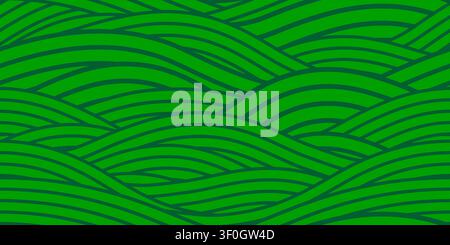 Farm field wavy seamless pattern background, green agriculture bg. Geometric abstract texture with natural rolling hills, rice or corn meadow and grass. Agricultural environmental flowing landscape Stock Vector