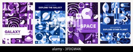 Universe and galaxy space posters with geometric Bauhaus cosmos pattern. Space exploration Bauhaus geometric shapes flyer or poster. Galaxy banners with rocket, planets and stars, telescope and comets Stock Vector