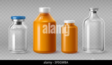 Medical yellow glass bottle set isolated on transparent background. Vector realistic illustration, 3d medicine container mockup with plastic cap for pharmaceutical product, healthcare packaging design Stock Vector