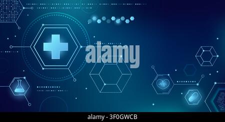 Medical background with hexagonal pattern. Vector realistic illustration of modern healthcare banner design with neon cross, lab flask, dna structure icons, blue tech texture, clinic presentation Stock Vector