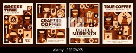 Coffee drink posters with brown geometric pattern ornament. Vector retro cards with cups, beans, grinders, and brewing tools in warm brown tones, expressing cozy morning ritual, for cafe menu or prom Stock Vector