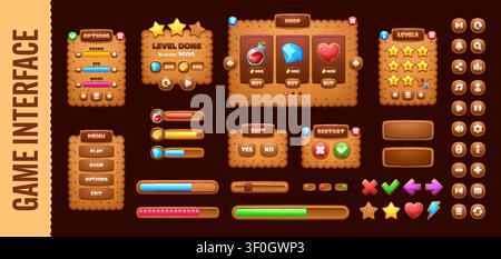 Cookie game ui interface buttons and level window, indicators and rewards, loading scale and menu in biscuit style elements. User panels, boards, sliders, keys, buttons and cartoon interface windows Stock Vector