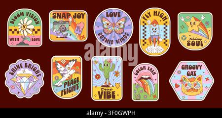 Hippie funky groovy label stickers, trippy retro patches. Vector slogans bloom vision, snap joy, love cosmic wings. Fly high, shiny soul, shine bright, peace flight. True vibe, color talk, groovy cat Stock Vector