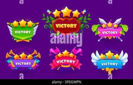Victory award game icons with heraldic shields, golden stars and wings, ui asset. Cartoon vector badges with swords, trumpets, laurel and coins. Gui achievement banners, celebratory labels for gaming Stock Vector