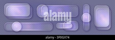 Transparent glass ui slide buttons with glossy liquid effect, 3d realistic vector icons isolated on background. Modern frosted switch interface element for futuristic app design with blur texture Stock Vector
