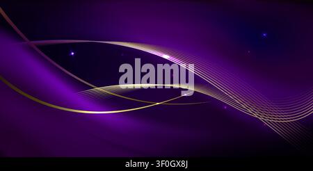 Abstract gold waves and sparks on dark purple background. Vector realistic illustration of elegant luxury backdrop with flowing golden lines, smooth wavy pattern for invitation template design Stock Vector