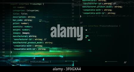 Programming code display with script elements and glitch effects on black background. Vector realistic illustration of green digital screen backdrop, software development, data structure lines Stock Vector