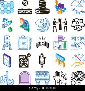 Grid of diverse isometric and flat concept icons representing technology, data, business processes, innovation, communication, science, health, enviro Stock Vector