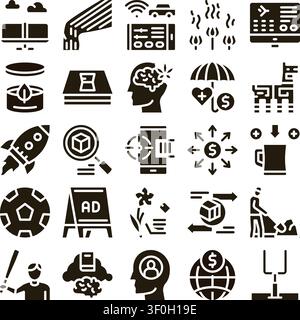 Collection of business strategy, goal setting, innovative ideas, management solutions, and analytical thinking glyph icons representing various concep Stock Vector