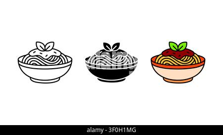 Pasta spaghetti bowl with tomato sauce icon set outline silhouette and color vector isolated on white background Stock Vector