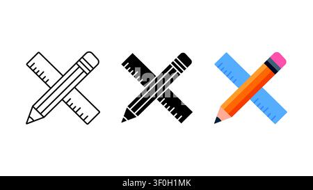 Pencil and ruler school supplies icon set outline silhouette and color vector isolated on white background Stock Vector