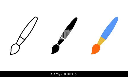 Paint brush art tool icon set outline silhouette and color vector isolated on white background Stock Vector