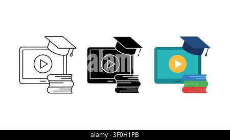 Online education video course icon set outline silhouette and color vector isolated on white background Stock Vector
