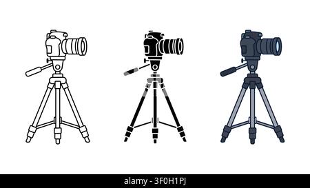 Photo camera on tripod icon set outline silhouette and color vector isolated on white background Stock Vector