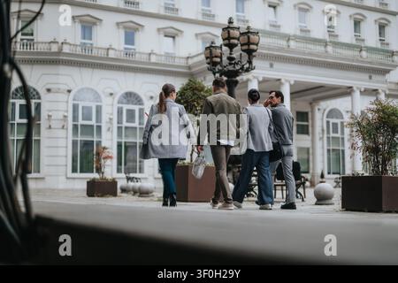 Business colleagues walking together outside a historic city hotel building on a casual work outing Stock Photo