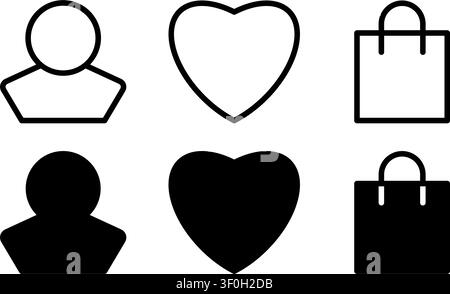 Clean editable vector collection featuring user profile, heart and shopping bag icons in outline and solid styles. Perfect for mobile applications, we Stock Vector