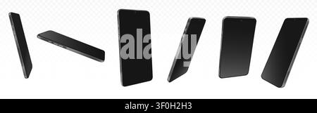 3d modern smartphone mockup with black screen, vector realistic templates isolated on transparent background. Set of devices in different angles of view for mobile app presentation, ui design Stock Vector