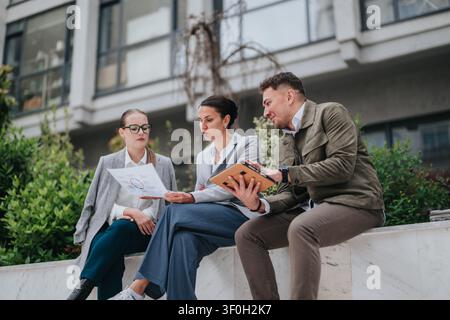 Three colleagues having a business meeting outdoors reviewing documents and a tablet Stock Photo