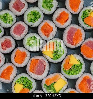 A tray featuring a selection of sushi rolls showcasing different toppings and fillings. Stock Photo
