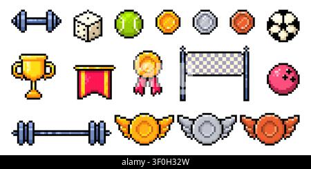 Pixel art sports icons with golden trophy cup and medals, tenis and soccer balls, award items. Retro 8-bit game vector elements isolated on white background, finish line, dumbbell and barbell Stock Vector