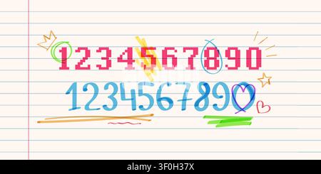 Hand drawn marker highlights, color numbers and underlines, vector school doodle or pixel font on lined paper background. Scribble elements for emphasizing, notes with felt pen strokes texture Stock Vector