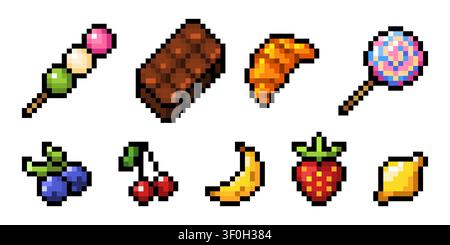 Pixel art fruit and sweets icons of strawberry, banana, lemon and cherry, vector food pictograms on white background. Lollipop, chocolate, croissant and popsicle in vibrant retro 8 bit game style Stock Vector
