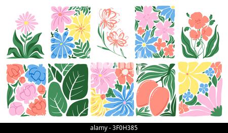 Abstract cut out floral patterns with organic shapes, doodle flowers, tropic palm leaves, vector trendy botanical background. Modern boho art for contemporary poster, groovy nature design, flat print Stock Vector